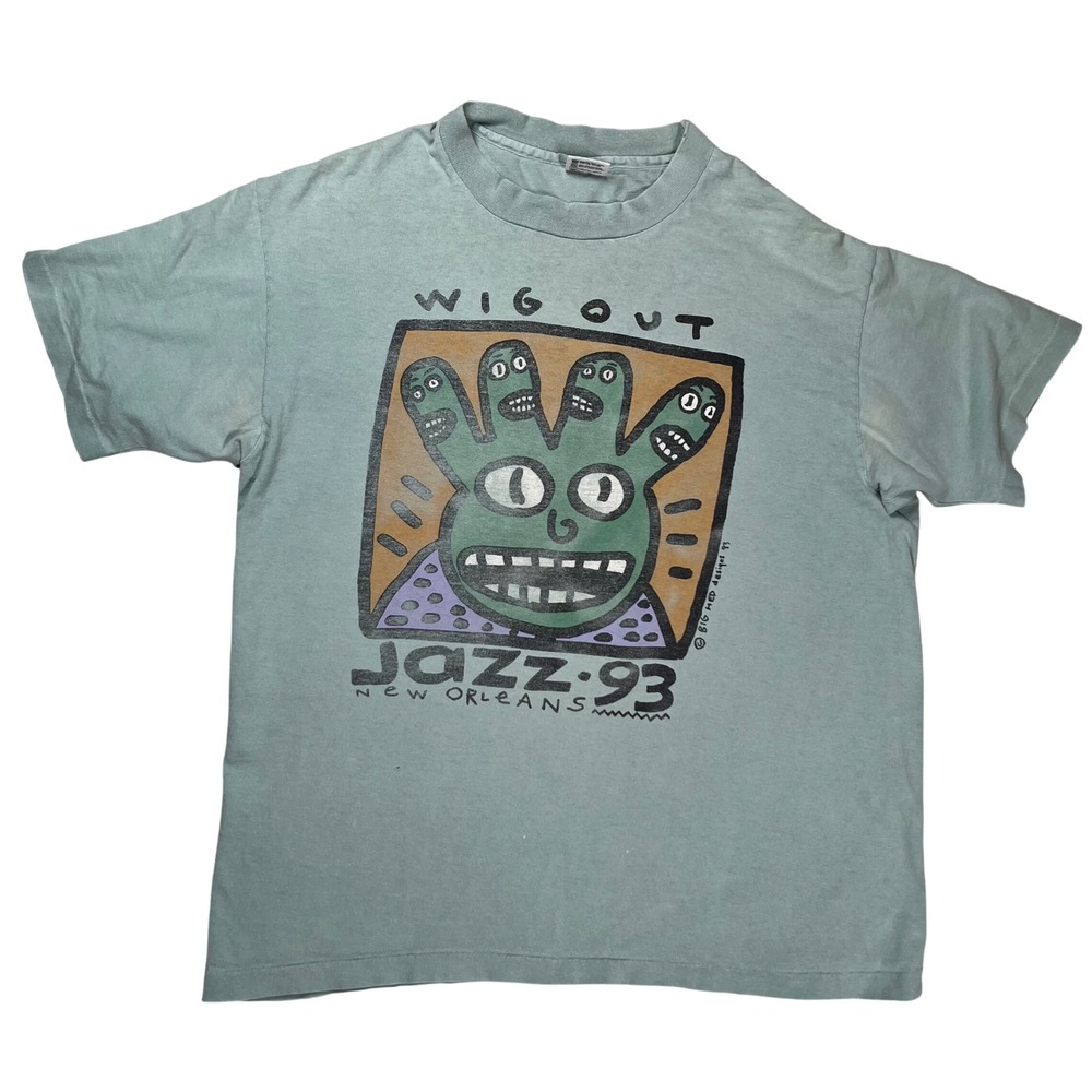 Vintage Anvil T-Shirt Men Large Green 1993 New Orleans Jazz Festival Big Hed